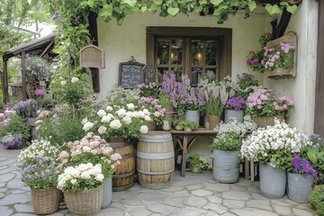 The photo of beautiful flower shop with different houseplants and flowers at the corner of street 
