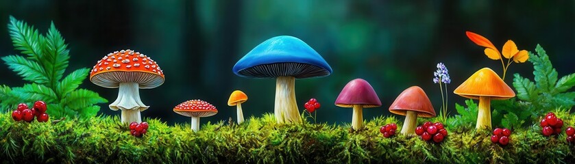 Fototapeta premium Forest ingredients like mushrooms and berries scattered on moss, earthy tones, natural lighting, realistic oil painting