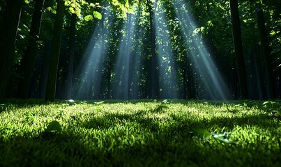 Obraz premium Sunlit Forest Clearing, a serene woodland space where gentle sunbeams filter through the trees, illuminating lush greenery and tranquil earth.