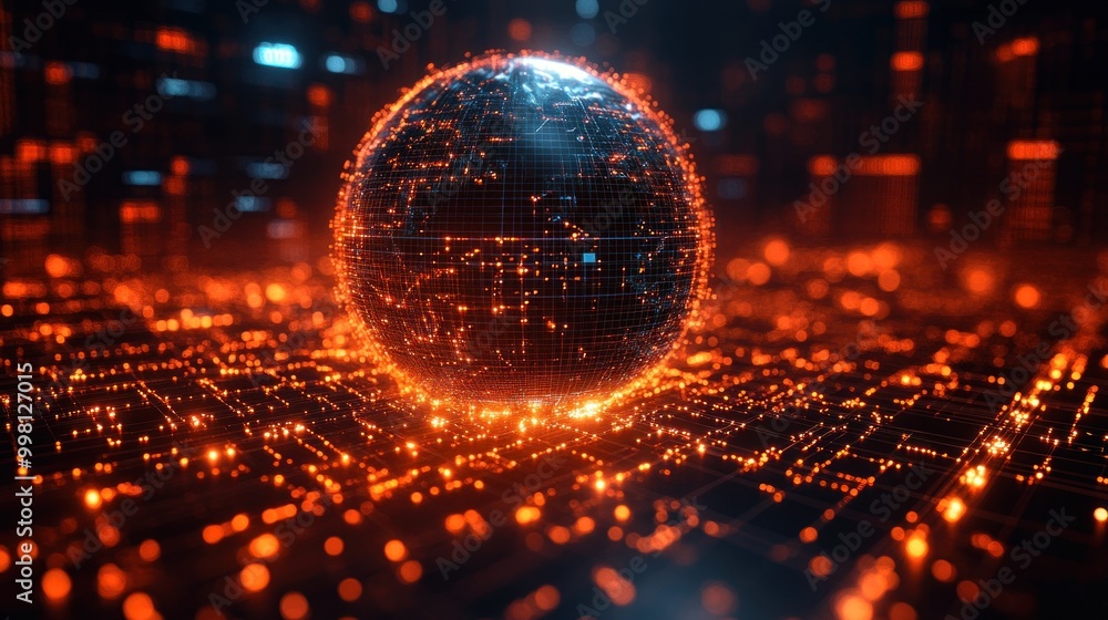 Poster A glowing orb of data, representing the global network, sits atop a circuit board.