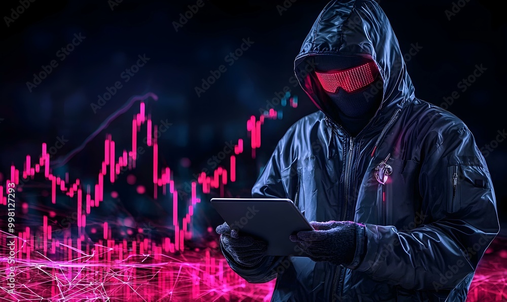 Poster dynamic trader engaged in market analysis, surrounded by digital charts and screens, showcasing a vi