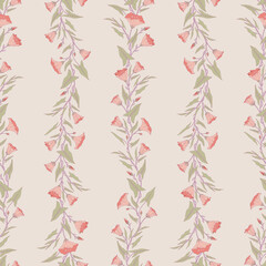 Seamless pattern with branches of convolvulus plant, its flowers and leaves. Template with morning-glory wildflowers for fashion prints. Light beige background. Vector illustration