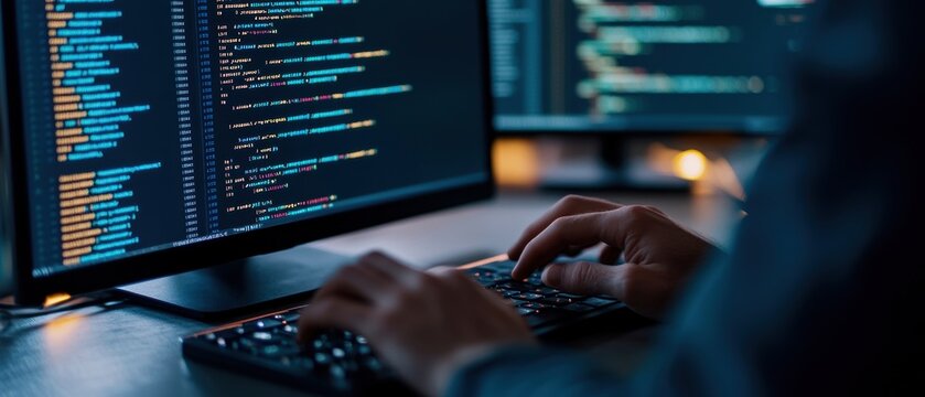 Close-up of hands typing code on a keyboard in a dark office with dual monitors displaying programming languages.