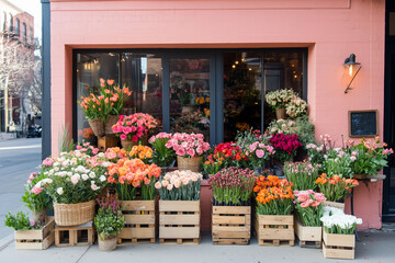 The photo of beautiful flower shop with different houseplants and flowers at the corner of street 
