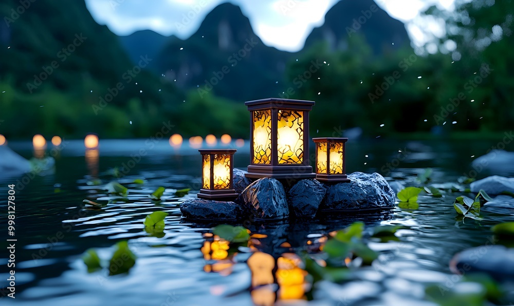 Poster tranquil meditation space adorned with ethereal floating lanterns, serene atmosphere enhancing inner