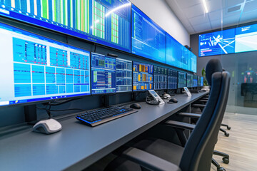 Modern network operations center with multiple screens showing charts and data, providing real time monitoring and control