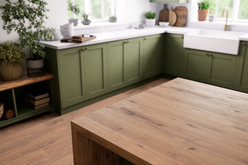This is a modern kitchen designed with stylish green cabinets and delightful natural wood accents