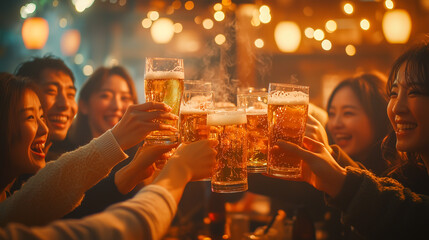 笑顔で乾杯する若者達