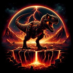 ancient T-rex stands in a volcanic landscape, lava flowing through cracks in the earth