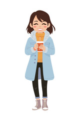 Cute girl holding a warm tea coffee. Cozy winter.  Simple illustration, isolated white background.