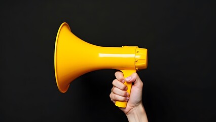Hand Holding Yellow Megaphone on Black Background, Black Friday Concept