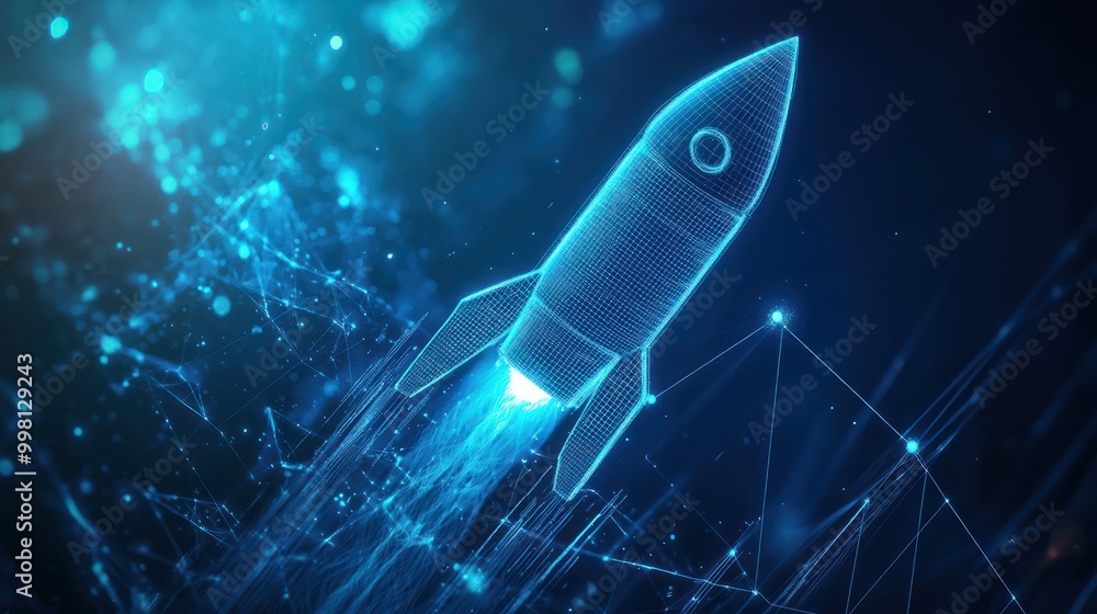 Poster abstract growth graph chart with launch rocket on technology blue background. startup and success bu