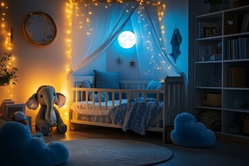 Cozy baby room illuminated with soft lights. A playful elephant toy adds charm. Relaxing atmosphere for sleep and dreams. Designed for comfort and warmth. Generative AI