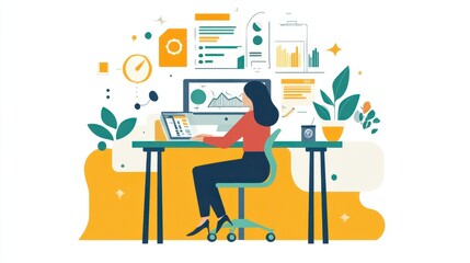 Fototapeta premium An illustration in 2D flat style featuring a character using digital tools to plan and manage their new business venture. The minimalist design emphasizes the role of technology in modern
