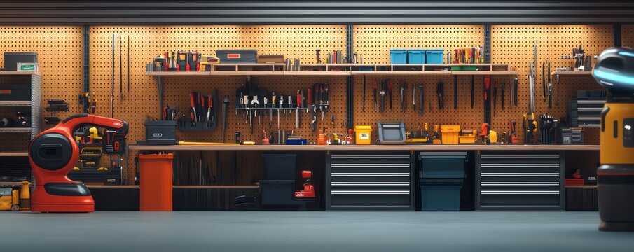 A smart workshop with automated inventory tracking for tools and supplies, including a robotic assistant that can retrieve items and offer usage tips or safety reminders