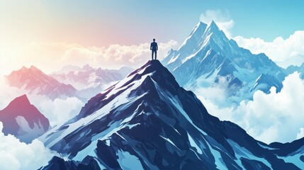 Business graphic vector modern style illustration of a business person on a mountain top representing conquering achievement progression overcoming hitting new goals or targets