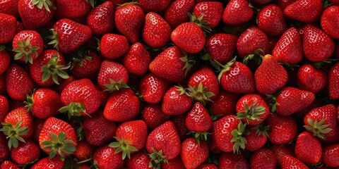 Pile of fresh ripe strawberries viewed from above. Summer fruit and healthy eating concept.