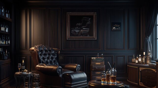 A sophisticated gentlemana??s lounge with dark paneled walls, a rich leather recliner, and a collection of fine whiskies