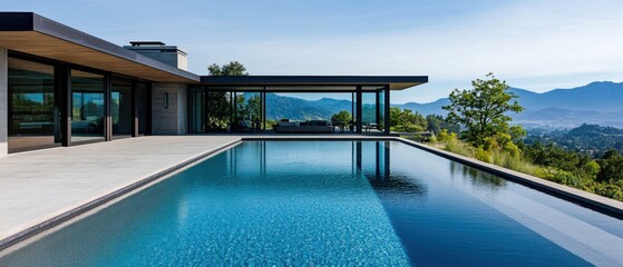 Stunning modern villa with a pool and mountain view under clear blue sky.