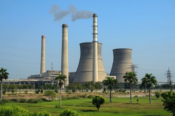 Large thermal power station releasing pollution from its smokestacks on a sunny day