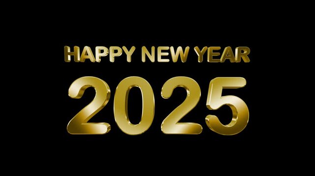 Animation of Happy New Year 2025 wishes, with 3D golden text illuminated by light rays. Perfect for New Year&rsquo;s Eve celebrations and video greetings.