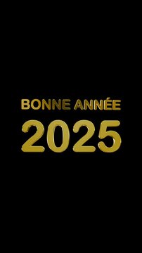 Vertical animation of Happy New Year 2025 (Bonne Ann&eacute;e) wishes in French, with 3D golden text illuminated by light rays. Perfect for New Year&rsquo;s Eve celebrations, social media posts, and video greeting
