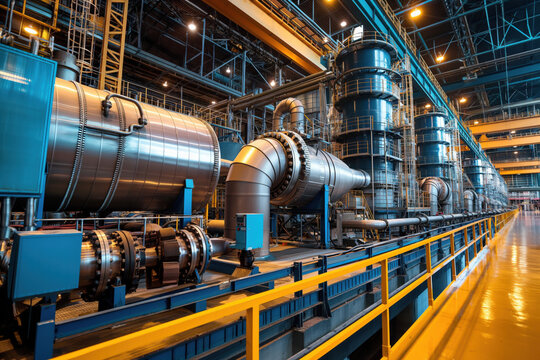 View of a modern thermal power station with large boilers and pipes generating electricity