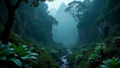 A hidden valley nestled deep within a dense jungle. The valley is filled with giant, bioluminescent plants that emit a soft, ethereal glow
