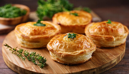 Puff pastry pies with savory ingredients and fresh herbs on wooden board. Tasty homemade food