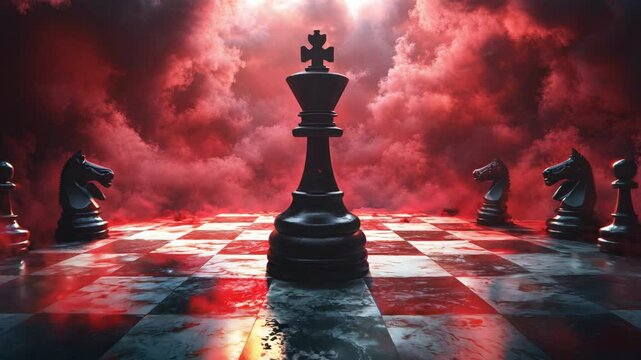 A chess board with a king and other pieces. The king is surrounded by smoke and the board is red