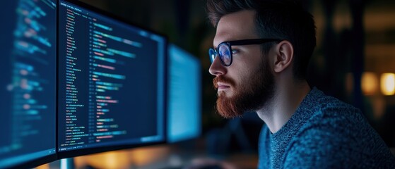 A focused programmer analyzing code on dual monitors in a dimly lit environment.