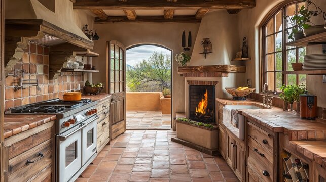 A Southwest Adobe style kitchen with terracotta tiles, rustic wooden cabinets, and a kiva fireplace