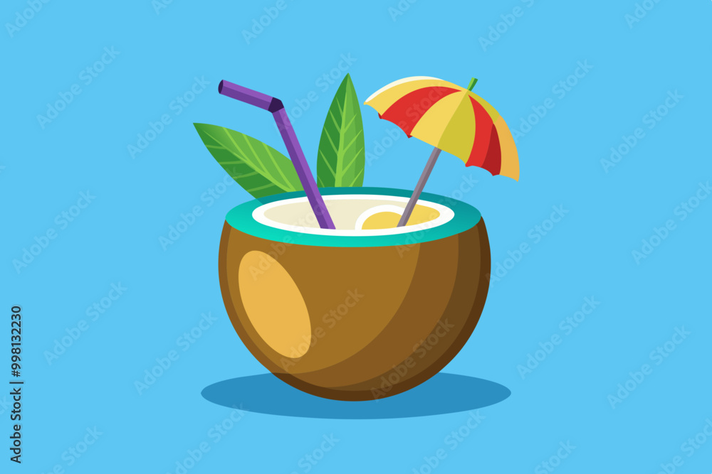 Poster Coconut water with paper umbrella and drinking straw