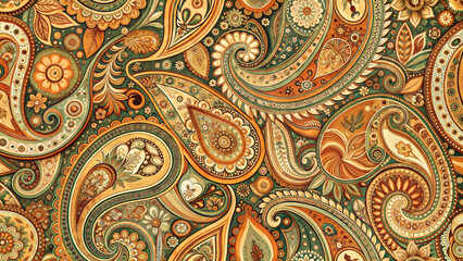 Abstract background with intricate paisley pattern earth tone, orange green color