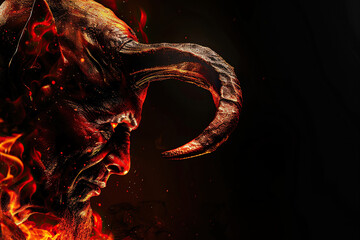 Scary sinister devil is in hell with bright fire lighting on the background