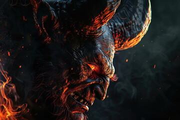 Scary sinister devil is in hell with bright fire lighting on the background
