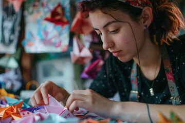 Fototapeta premium Creative AI art: Young woman crafting colorful origami pieces