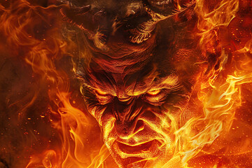 Scary sinister devil is in hell with dramatic fire lighting on the background