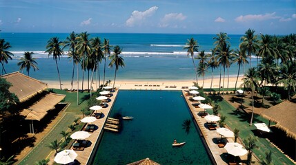 Naklejka premium Luxurious Tropical Beach Resort with Palm Trees, Infinity Pool, and Ocean View