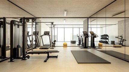 A spacious, minimalist home gym with floor-to-ceiling mirrors, high-end fitness equipment, and a smooth concrete floor