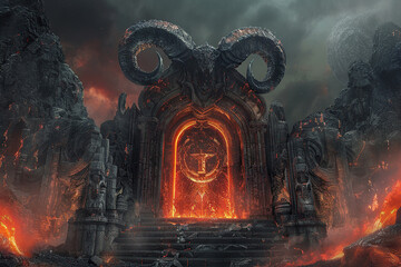 Scary sinister devil is in hell with dramatic fire lighting