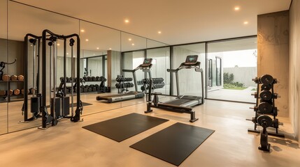 A spacious, minimalist home gym with floor-to-ceiling mirrors, high-end fitness equipment, and a smooth concrete floor
