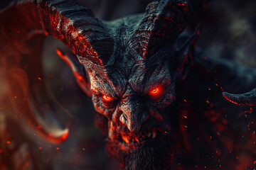 Scary sinister devil is in hell with dramatic fire lighting