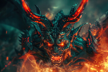 Scary sinister devil is in hell with dramatic fire lighting
