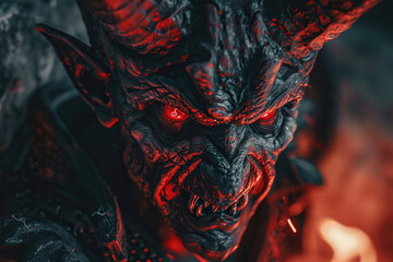 Scary sinister devil is in hell with dramatic fire lighting