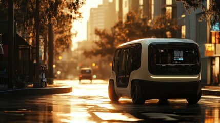 Futuristic electric autonomous delivery vehicle moves along a city street, bathed in the soft glow of morning sunlight