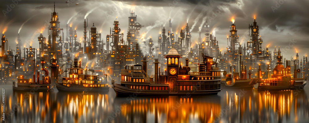 Wall mural a cityscape with many buildings and a large clock tower. the buildings are lit up with orange lights