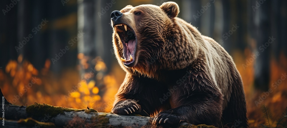 Wall mural a grizzly bear roars while standing on a fallen log in a vibrant autumn forest