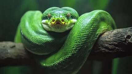 Fototapeta premium green python strikes from branch in real time scary fast