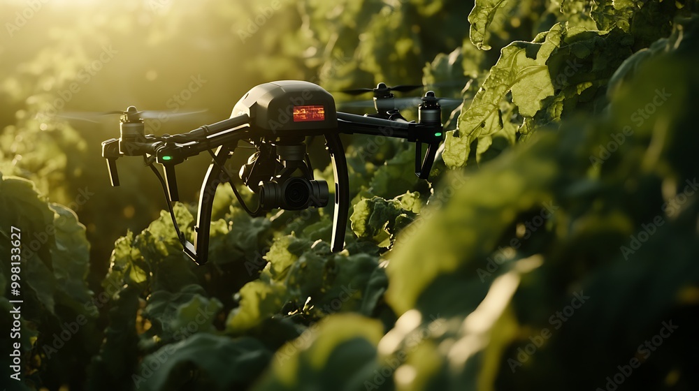 Poster a close-up of a high-tech agriculture system utilizing robotics for efficiency